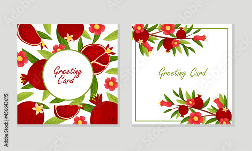 Greeting Card with Red Pomegranate Fruit and Blooming Flower Vector Template Set