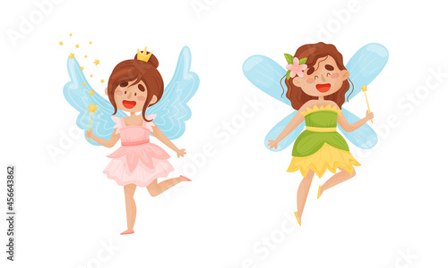 Cute Fairy or Pixie with Etherial Wings and Magic Wand Vector Set