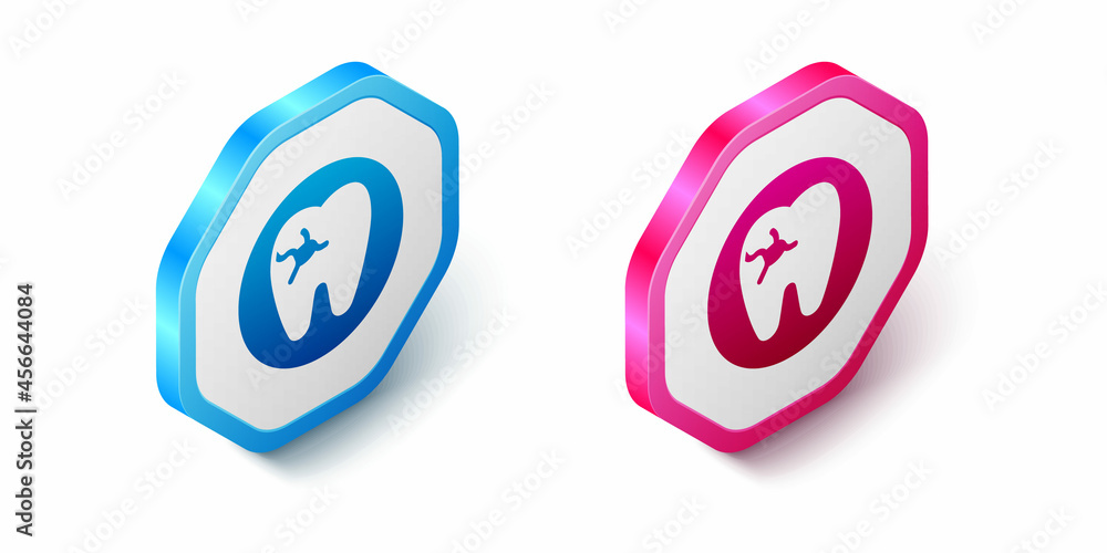 Isometric Tooth with caries icon isolated on white background. Tooth decay. Hexagon button. Vector Isometric Tooth with caries icon isolated on white background. Tooth decay. Hexagon button. Vector