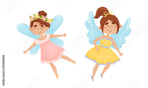 Cute Fairy or Pixie with Etherial Wings and Flower Wreath Vector Set