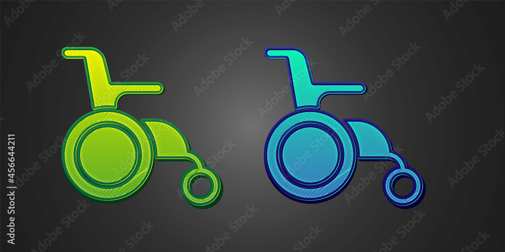 Green and blue Wheelchair for disabled person icon isolated on black background. Vector Green and blue Wheelchair for disabled person icon isolated on black background. Vector
