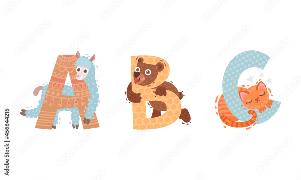 Fototapeta premium Animal Alphabet Capital Letter with Bear and Alpaca Vector Set