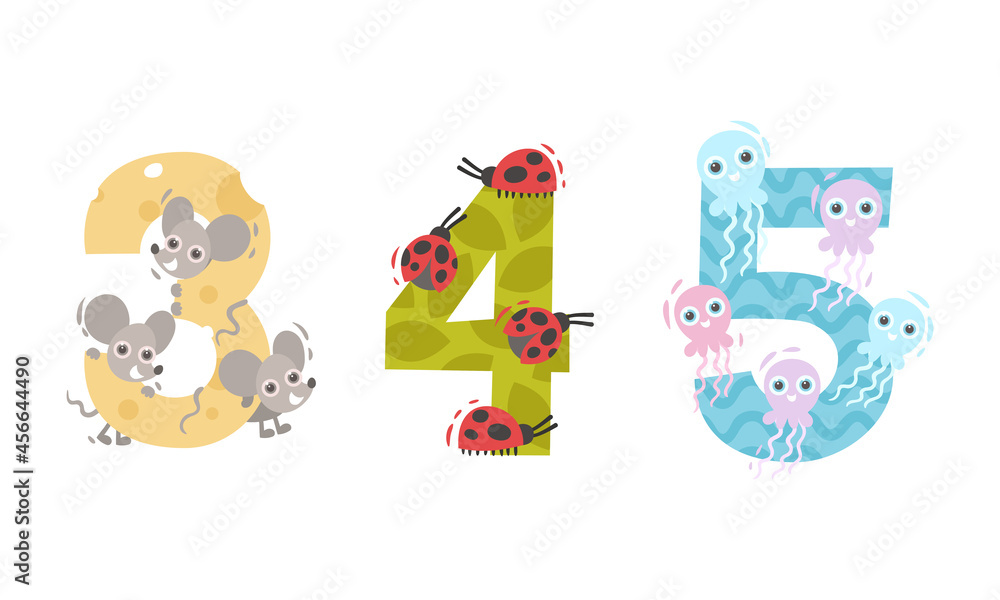 Animal Number and Numeral with Mouse and Ladybug Vector Set Animal Number and Numeral with Mouse and Ladybug Vector Set