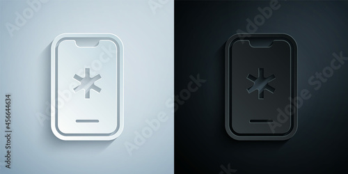 Paper cut Telephone with emergency call 911 icon isolated on grey and black background. Police, ambulance, fire department, call, phone. Paper art style. Vector