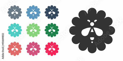 Black Bee on flower icon isolated on white background. Sweet natural food. Honeybee or apis with wings symbol. Flying insect. Set icons colorful. Vector