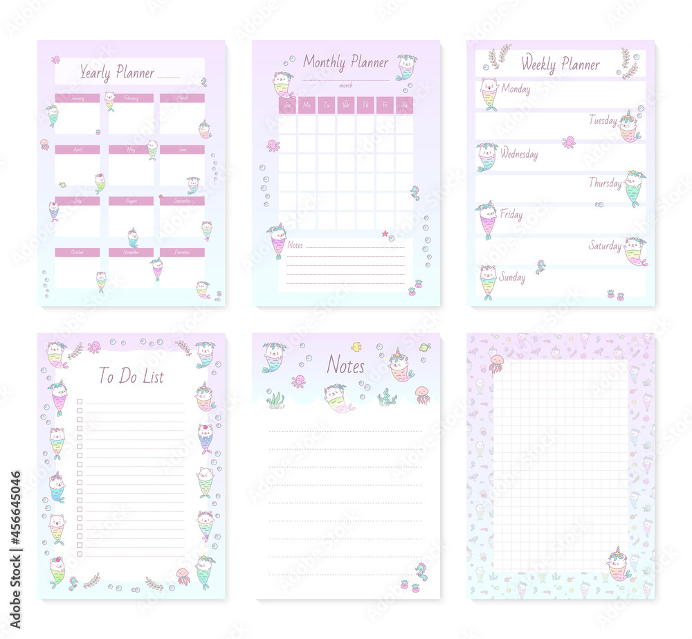 set-of-cute-planner-page-templates-kawaii-yearly-monthly-weekly-and-daily-organizers-with-little-mermaid-kittens-and-sea-creatures-vector-10-esp-stock-vector-adobe-stock