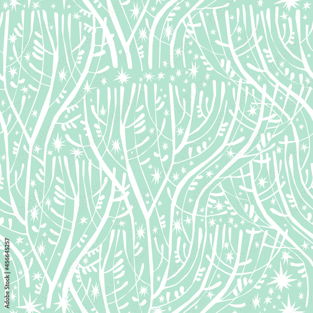 Tree branches at dreamy magic night with stars in the sky. Natural seamless pattern in minimalism aesthetic background. Tree branches at dreamy magic night with stars in the sky. Natural seamless pattern in minimalism aesthetic background.