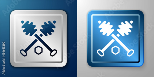 White Honey dipper stick icon isolated on blue and grey background. Honey ladle. Silver and blue square button. Vector