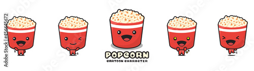 cute popcorn mascot, food cartoon illustration, with different facial expressions and poses