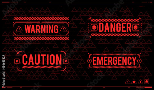 Conceptual Layout with HUD elements for print and web. Lettering with futuristic user interface elements. HUD danger zone. warning and alert attention signs.