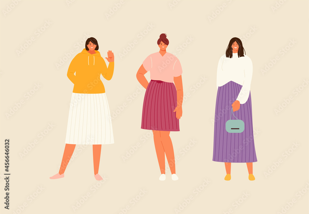 Fashionable modern girls in skirts of different lengths. Vector illustration Fashionable modern girls in skirts of different lengths. Vector illustration