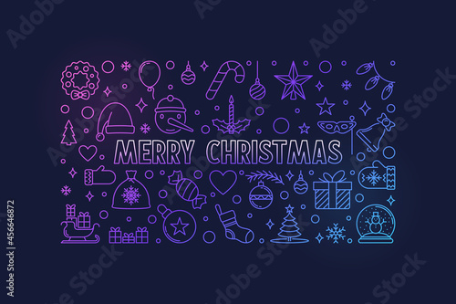 Merry Christmas vector Greeting Card outline horizontal design