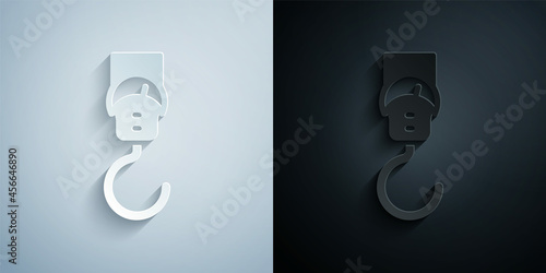 Paper cut Spring scale icon isolated on grey and black background. Balance for weighing. Determination of weight. Paper art style. Vector