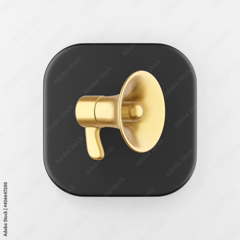 Golden megaphone icon in cartoon style. 3d rendering black square key button, interface ui ux element.