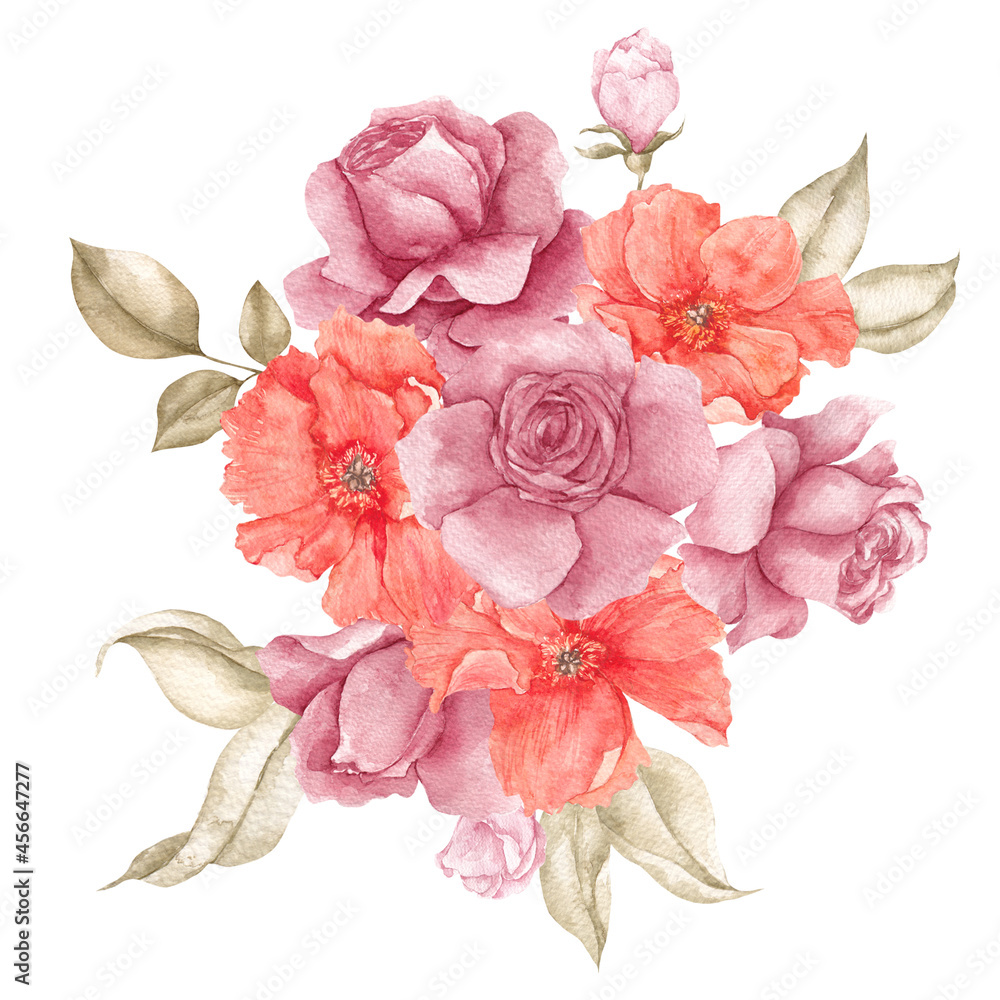 Watercolor illustration with fall flowers and leaves, autumn bouquet, isolated on white background