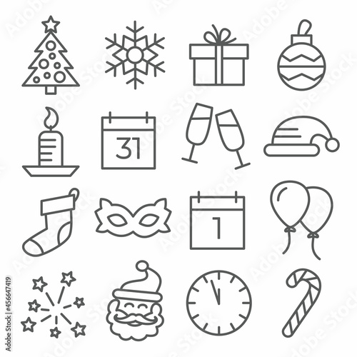 New Year line icons on white background