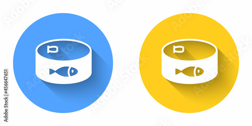 White Canned fish icon isolated with long shadow background. Circle button. Vector