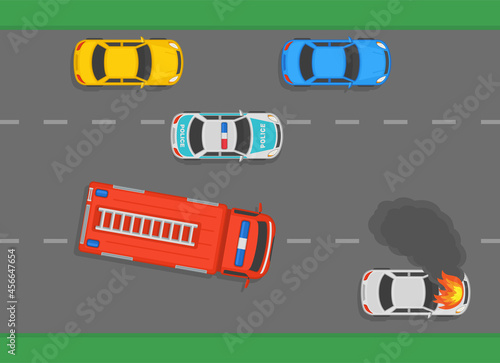 Burning car engine hood on city highway. Car fire safety activity. Fire truck and police car on city road. Firefighters are arrive on the scene.  Flat vector illustration template.