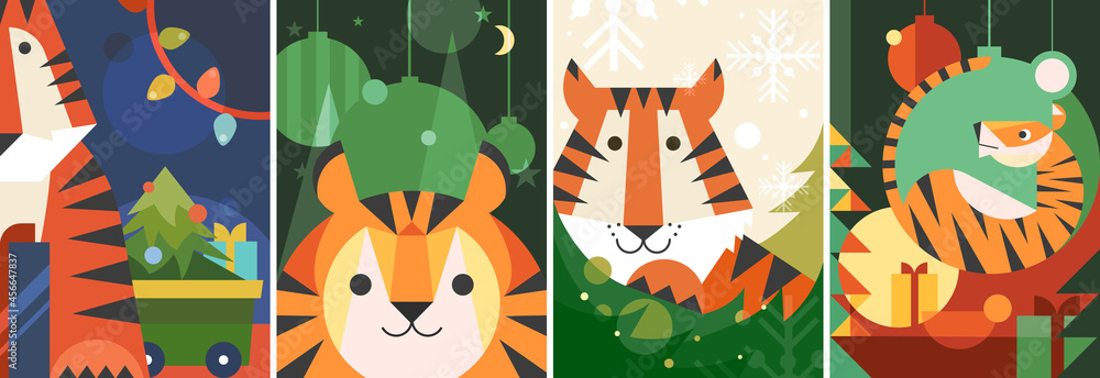 Different Year of the Tiger posters. Holiday postcard designs in flat style.