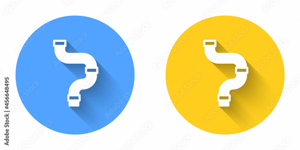 White Industry metallic pipe icon isolated with long shadow background. Plumbing pipeline parts of different shapes. Circle button. Vector White Industry metallic pipe icon isolated with long shadow background. Plumbing pipeline parts of different shapes. Circle button. Vector