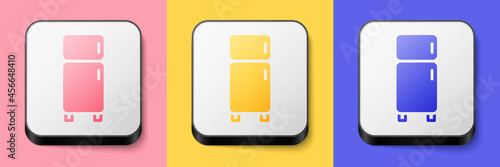 Isometric Refrigerator icon isolated on pink, yellow and blue background. Fridge freezer refrigerator. Household tech and appliances. Square button. Vector