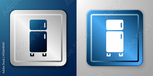 White Refrigerator icon isolated on blue and grey background. Fridge freezer refrigerator. Household tech and appliances. Silver and blue square button. Vector