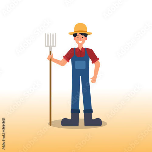 Farmer cartoon character flat style.Farmer boy hand holding a garden rake.Vector illustration