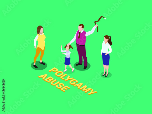 Polygamy abuse vector concept. Angry father hitting his daughter with belt while standing with his wives
