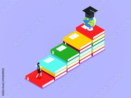 Graduation vector concept. Female student carrying bag while climbing books shaping stairs toward graduation hat