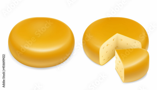 Cheese 3d realistic vector objects, isolated on white background . A whole head of yellow cheese with a cut piece. Parmesan cheese. Dairy products, realistic 3D vector