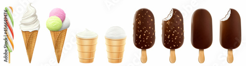 Set of ice cream in a waffle cone and popsicle isolated on a white background. Realistic 3D vector