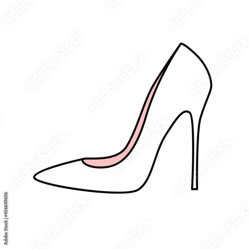 White wedding shoe of the bride with high heels. Festive women's shoes. Doodle vector illustration