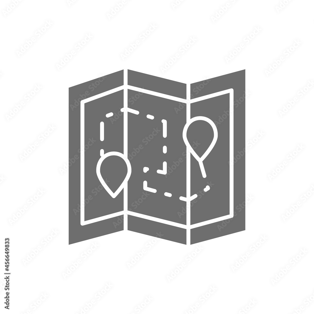 Map with location pin, delivery package route, logistics grey icon. Map with location pin, delivery package route, logistics grey icon.