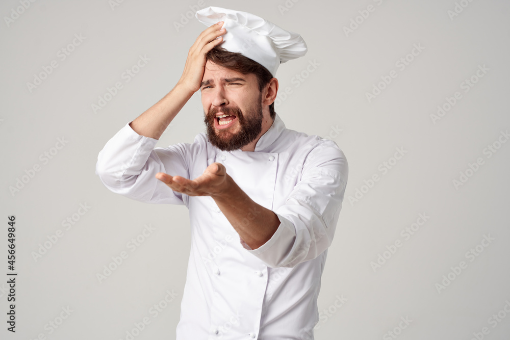 bearded man chef kitchen Job hand gestures isolated background bearded man chef kitchen Job hand gestures isolated background