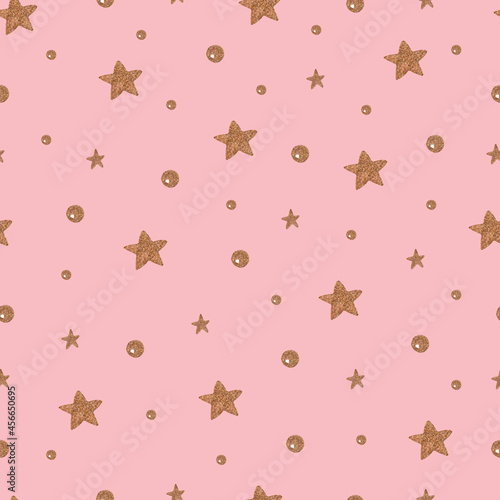 Copper stars and dots seamless pattern on pink background