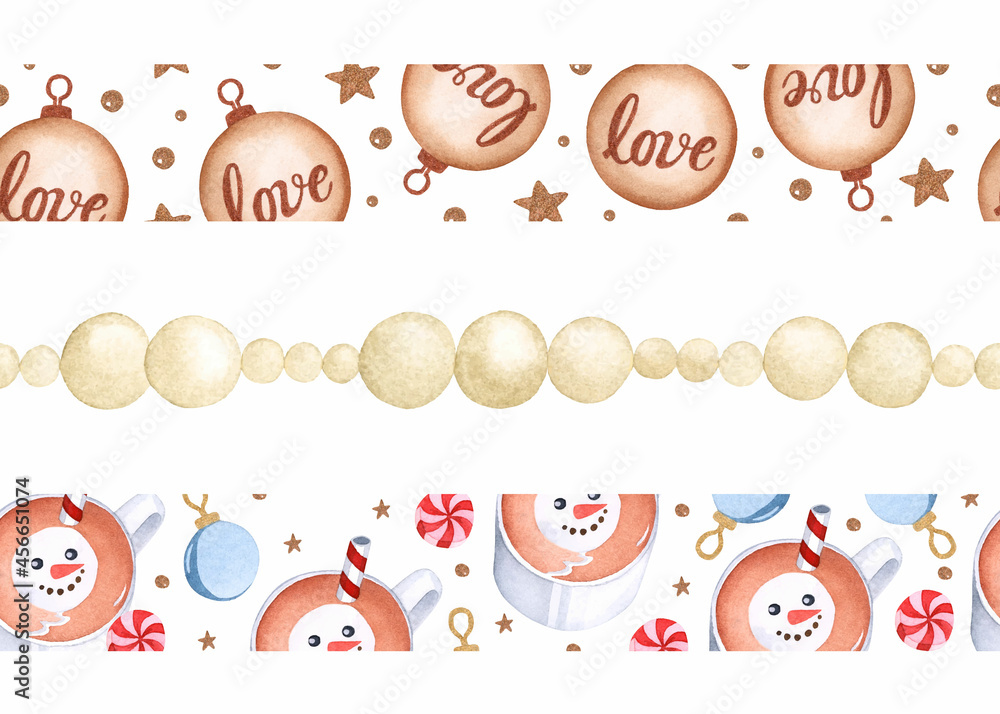 Romantic Christmas toys and cacao watercolor seamless borders 