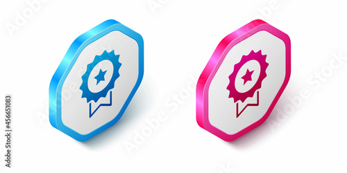 Isometric Medal with star icon isolated on white background. Winner achievement sign. Award medal. Hexagon button. Vector