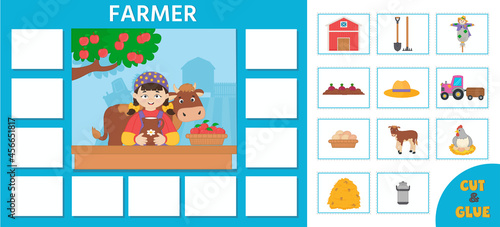 Logic game for kids profession. Farmer. Template for cards - puzzles. Vector illustration for printing