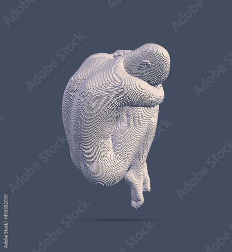 Full length view of sad stressed man sitting with hands on knees. Time for reflection. Man thinks about a problem. Despair, depression, hopelessness or addiction concept. 3D vector illustration.