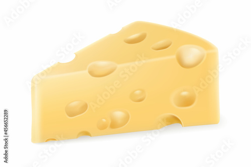 Volumetric piece of cheese with holes , isolated illustration on white background. Realistic 3D vector. Emmental or Cheddar hard cheese slice, triangular piece with holes for dairy food design