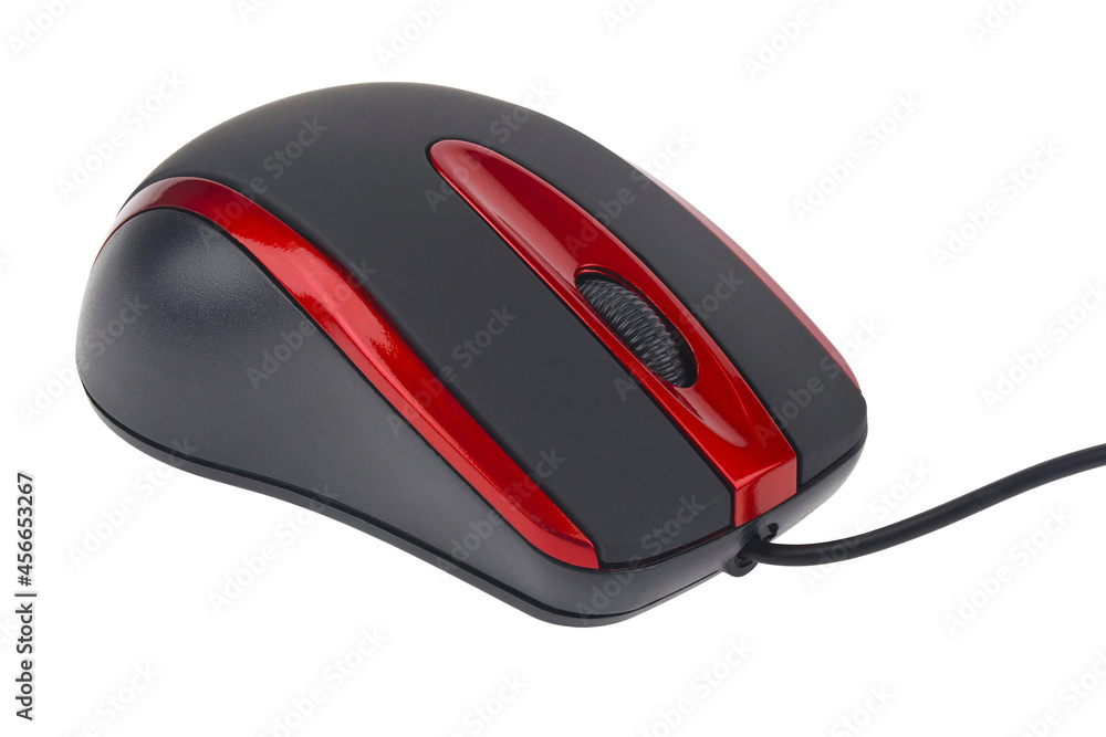 Optical black red computer mouse isolated on white background. Optical black red computer mouse isolated on white background.