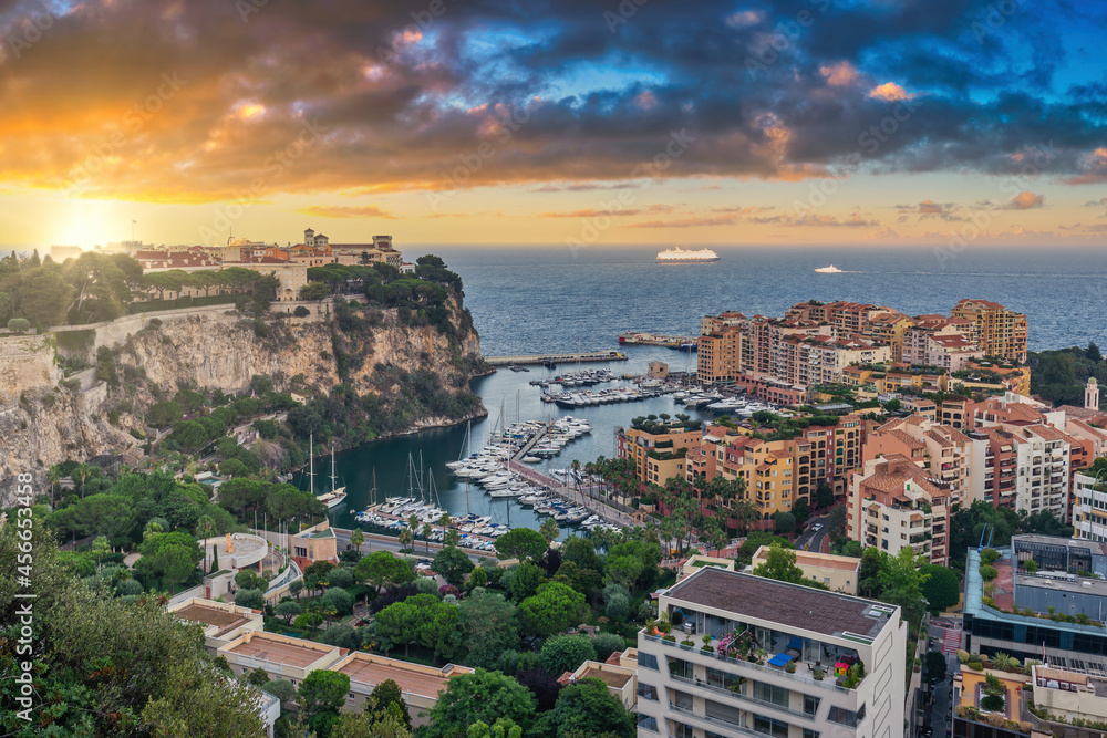 Monte Carlo Monaco, sunrise city skyline at Ville port