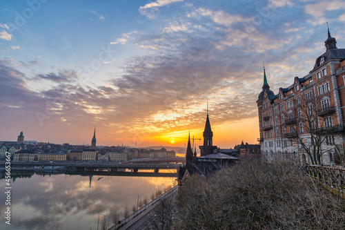 Stockholm Sweden, sunrise city skyline at Gamla Stan and Slussen