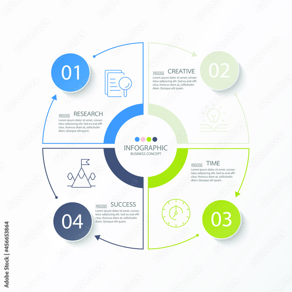 Basic circle infographic template with 4 steps, process or options, process chart, Used for process diagram, presentations, workflow layout, flow chart, infograph. Vector eps10 illustration. Basic circle infographic template with 4 steps, process or options, process chart, Used for process diagram, presentations, workflow layout, flow chart, infograph. Vector eps10 illustration.