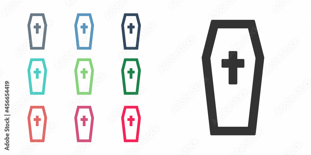 Black Coffin with christian cross icon isolated on white background. Happy Halloween party. Set icons colorful. Vector Black Coffin with christian cross icon isolated on white background. Happy Halloween party. Set icons colorful. Vector