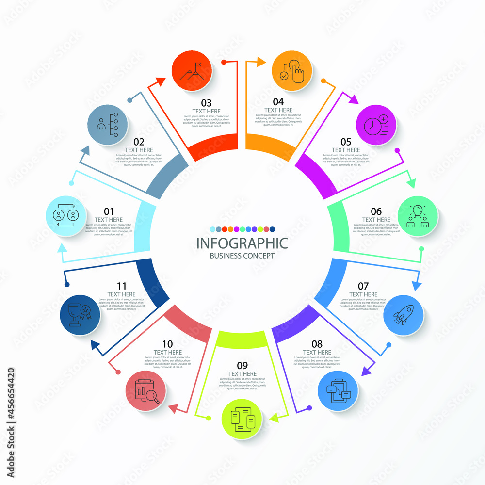 Fototapeta premium Basic circle infographic template with 11 steps, process or options, process chart, Used for process diagram, presentations, workflow layout, flow chart, infograph. Vector eps10 illustration.