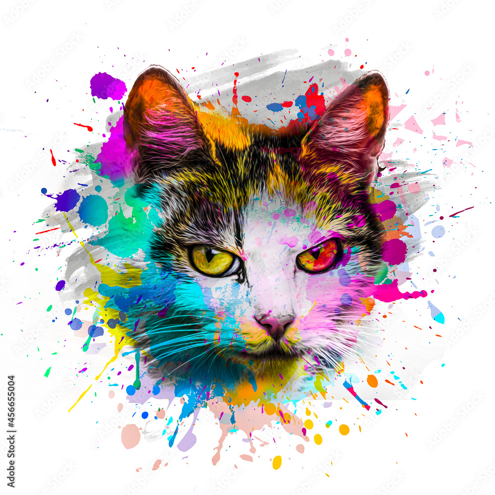 colorful artistic cat muzzle with bright paint splatters on white background.