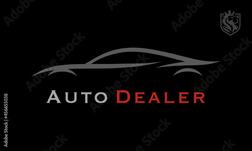 Concept sports car dealership logo design. Isolated supercar silhouette on black background. Performance motor vehicle service garage brand icon. Vector illustration.