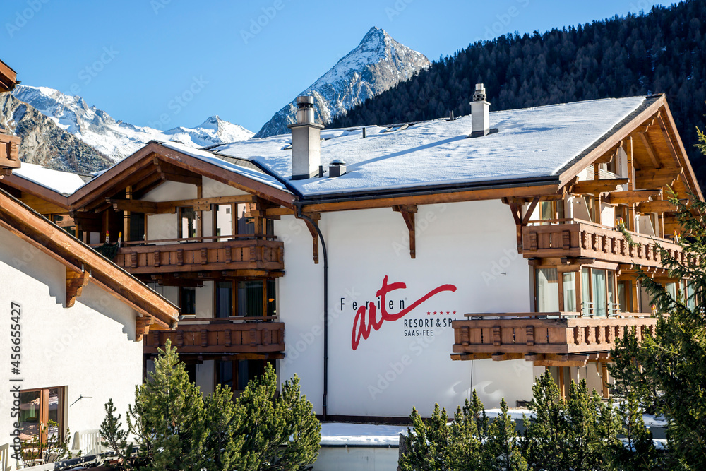 SWITZERLAND, SAAS-FEE, DECEMBER, 2015 - Modern wooden Ferienart Resort