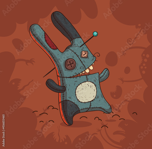 A funny voodoo rabbit pierced with a pin came to life